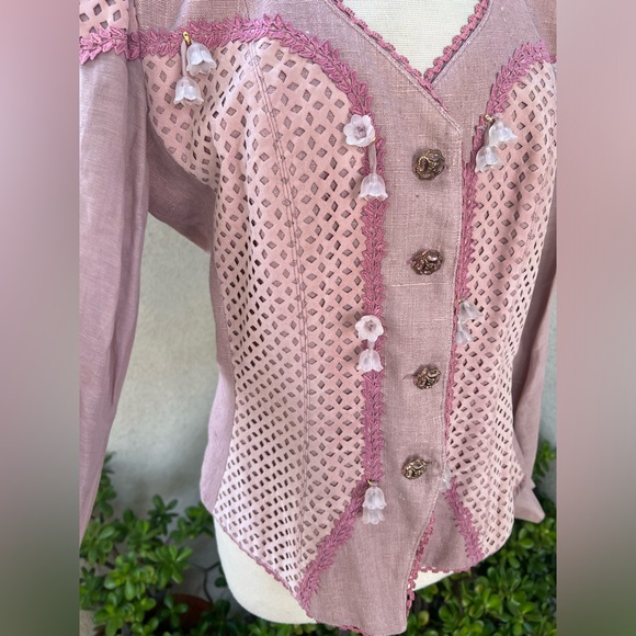 Vintage glam blazer jacket dusty rose linen faux suede floral beads Med La Foret - Picture 5 of 14